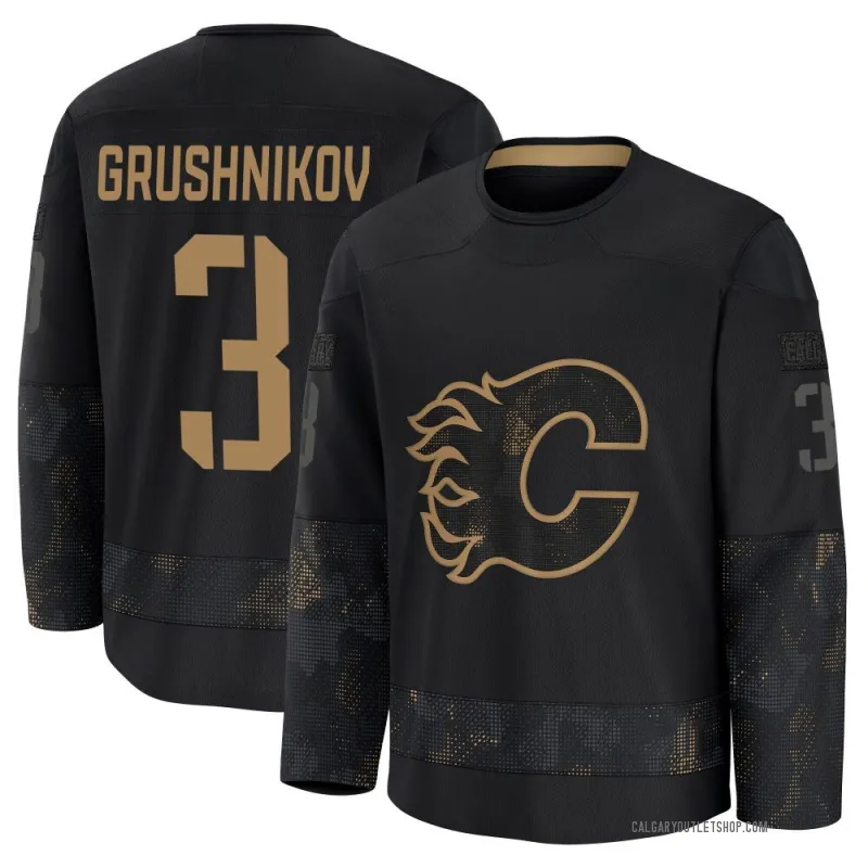 Black Men's Artem Grushnikov Premium Calgary Flames 2024 Military Appreciation Practice Jersey