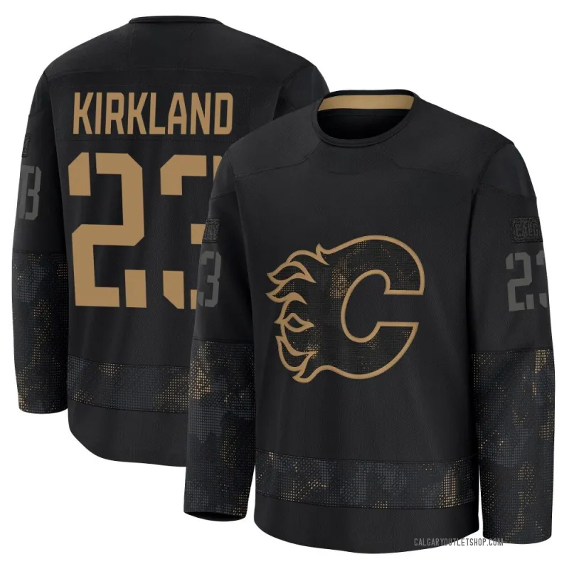 Black Men's Justin Kirkland Premium Calgary Flames 2024 Military Appreciation Practice Jersey