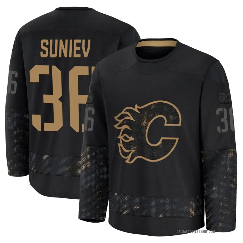 Black Youth Aydar Suniev Premium Calgary Flames 2024 Military Appreciation Practice Jersey