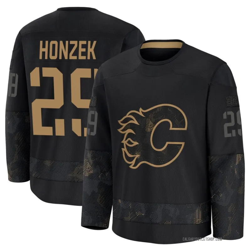 Black Youth Samuel Honzek Premium Calgary Flames 2024 Military Appreciation Practice Jersey