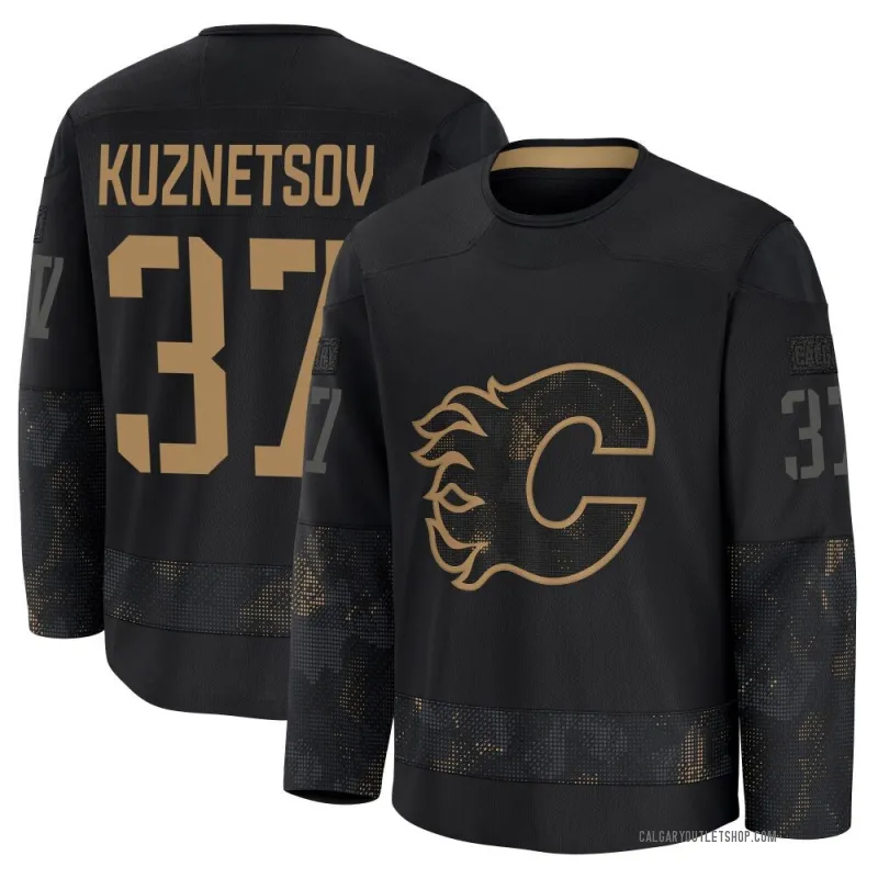 Black Youth Yan Kuznetsov Premium Calgary Flames 2024 Military Appreciation Practice Jersey