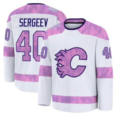 White Men's Arsenii Sergeev Premium Calgary Flames 2024 Hockey Fights Cancer Practice Jersey