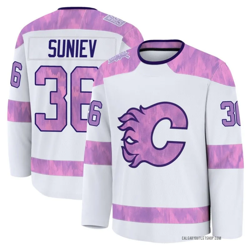White Men's Aydar Suniev Premium Calgary Flames 2024 Hockey Fights Cancer Practice Jersey