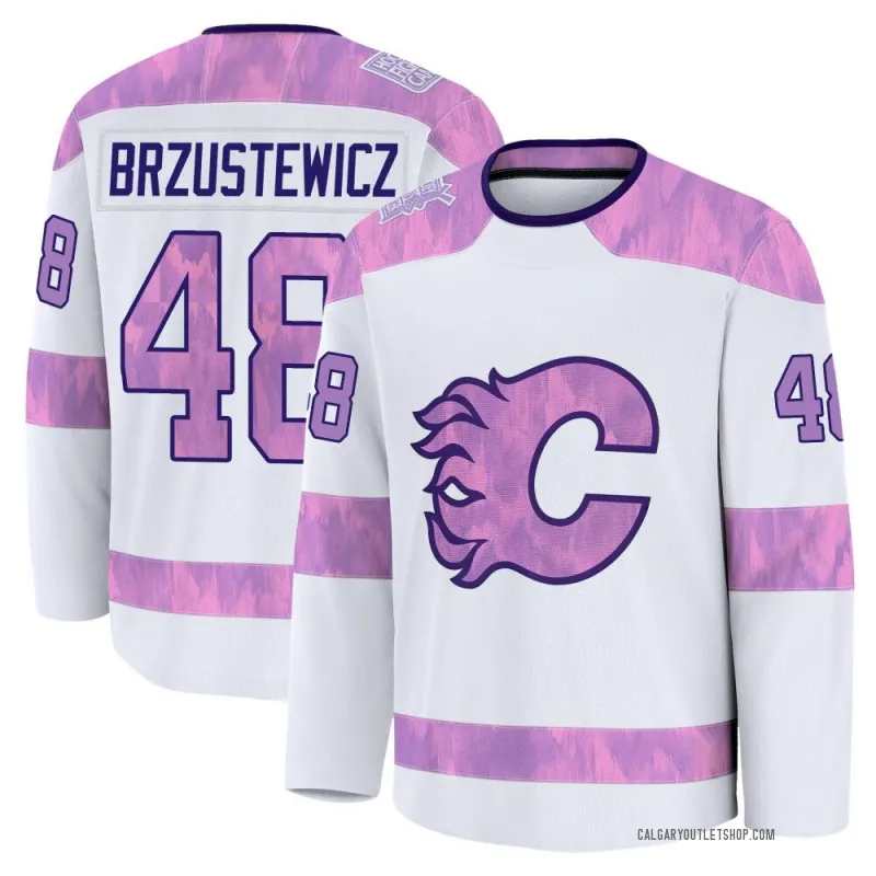 White Men's Hunter Brzustewicz Premium Calgary Flames 2024 Hockey Fights Cancer Practice Jersey