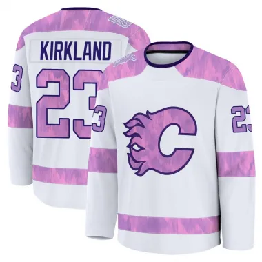 White Men's Justin Kirkland Premium Calgary Flames 2024 Hockey Fights Cancer Practice Jersey