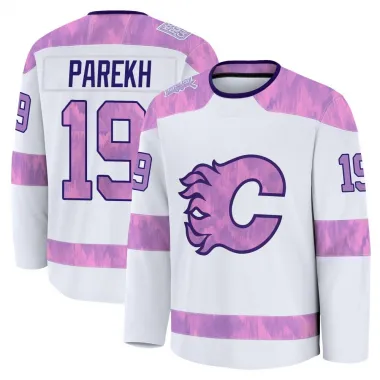 White Men's Zayne Parekh Premium Calgary Flames 2024 Hockey Fights Cancer Practice Jersey