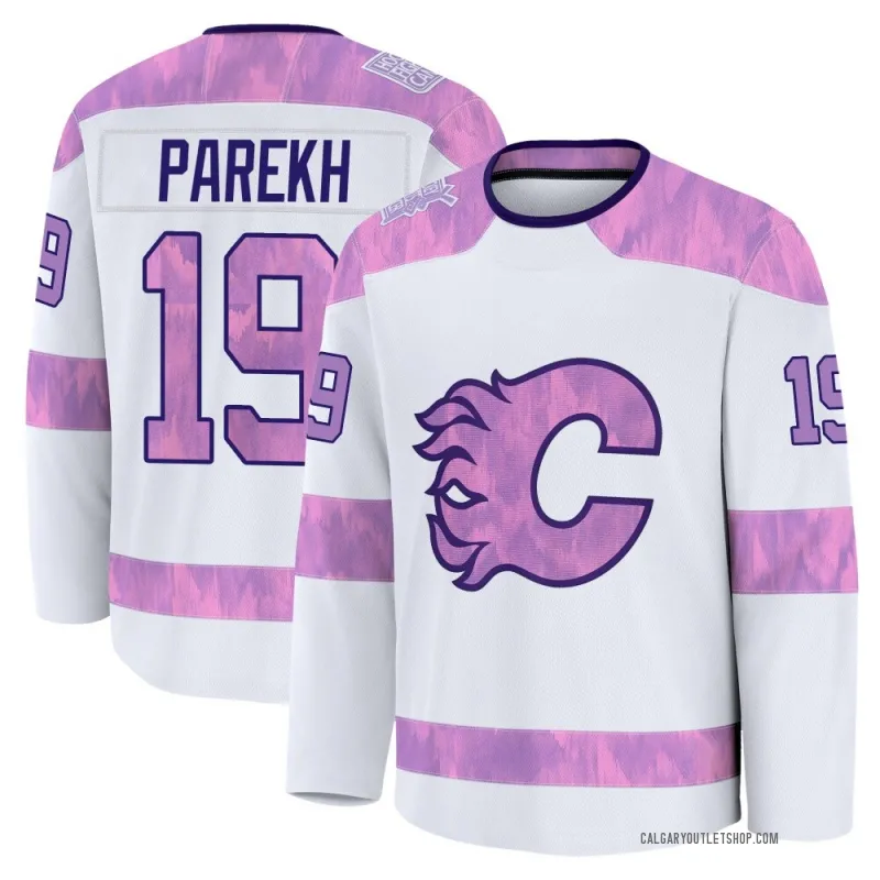 White Men's Zayne Parekh Premium Calgary Flames 2024 Hockey Fights Cancer Practice Jersey