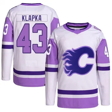 White/Purple Men's Adam Klapka Authentic Calgary Flames Hockey Fights Cancer Primegreen Jersey