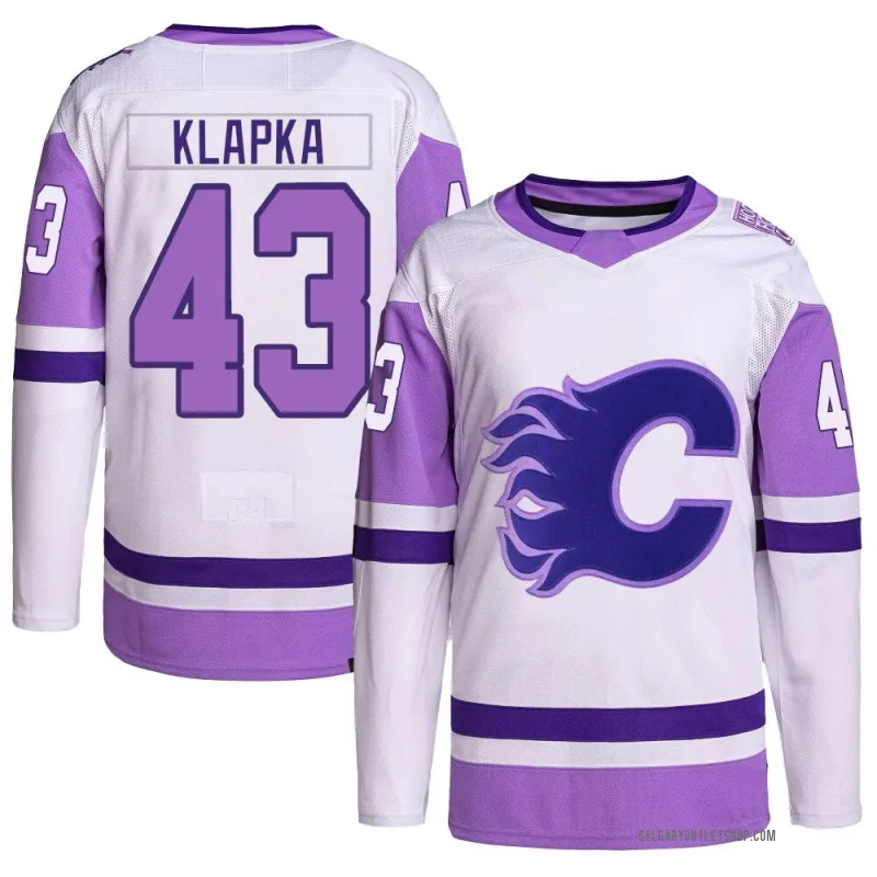 White/Purple Men's Adam Klapka Authentic Calgary Flames Hockey Fights Cancer Primegreen Jersey