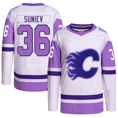 White/Purple Men's Aydar Suniev Authentic Calgary Flames Hockey Fights Cancer Primegreen Jersey