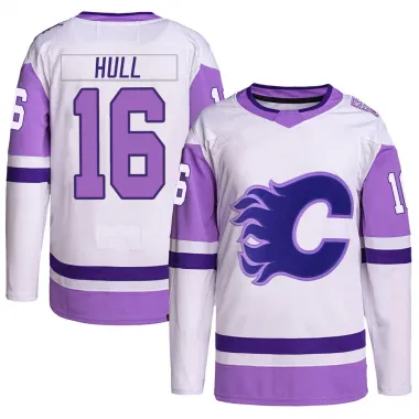 White/Purple Men's Brett Hull Authentic Calgary Flames Hockey Fights Cancer Primegreen Jersey