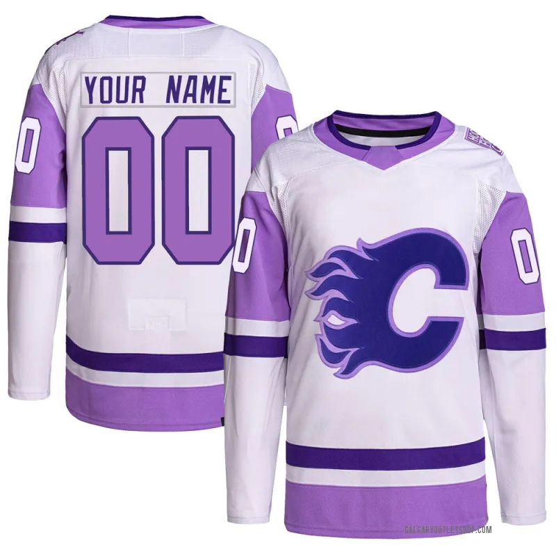 White/Purple Men's Custom Authentic Calgary Flames Hockey Fights Cancer Primegreen Jersey
