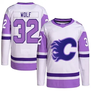 White/Purple Men's Dustin Wolf Authentic Calgary Flames Hockey Fights Cancer Primegreen Jersey