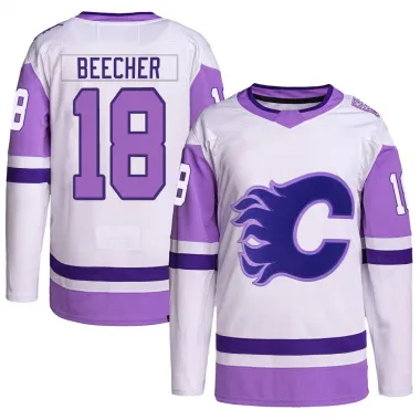 White/Purple Men's John Beecher Authentic Calgary Flames Hockey Fights Cancer Primegreen Jersey