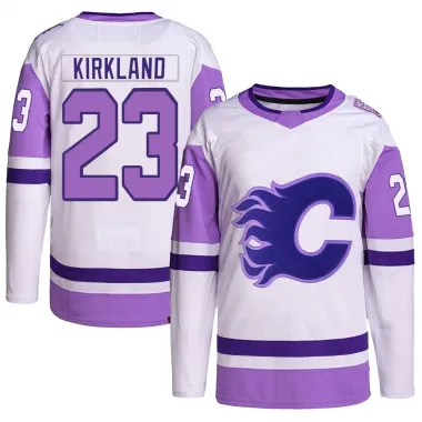 White/Purple Men's Justin Kirkland Authentic Calgary Flames Hockey Fights Cancer Primegreen Jersey