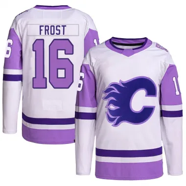 White/Purple Men's Morgan Frost Authentic Calgary Flames Hockey Fights Cancer Primegreen Jersey