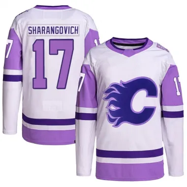White/Purple Men's Yegor Sharangovich Authentic Calgary Flames Hockey Fights Cancer Primegreen Jersey