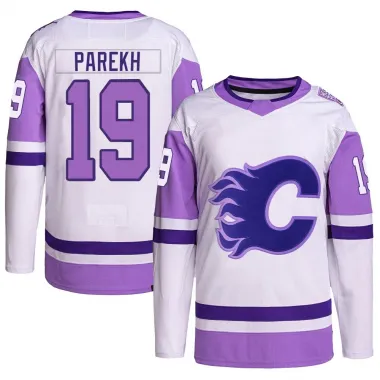 White/Purple Men's Zayne Parekh Authentic Calgary Flames Hockey Fights Cancer Primegreen Jersey