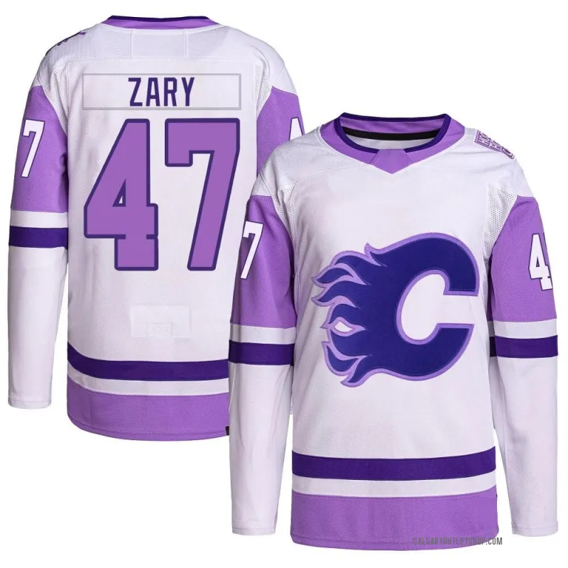 White/Purple Youth Connor Zary Authentic Calgary Flames Hockey Fights Cancer Primegreen Jersey