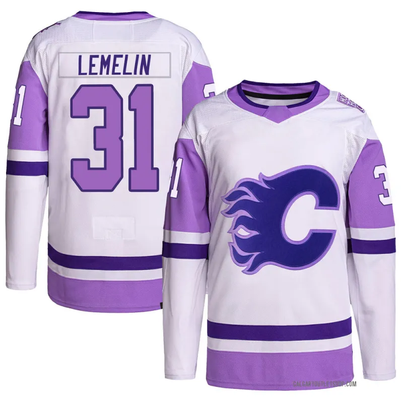 White/Purple Youth Rejean Lemelin Authentic Calgary Flames Hockey Fights Cancer Primegreen Jersey