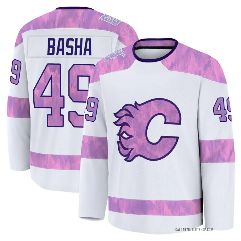 White Youth Andrew Basha Premium Calgary Flames 2024 Hockey Fights Cancer Practice Jersey