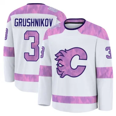 White Youth Artem Grushnikov Premium Calgary Flames 2024 Hockey Fights Cancer Practice Jersey