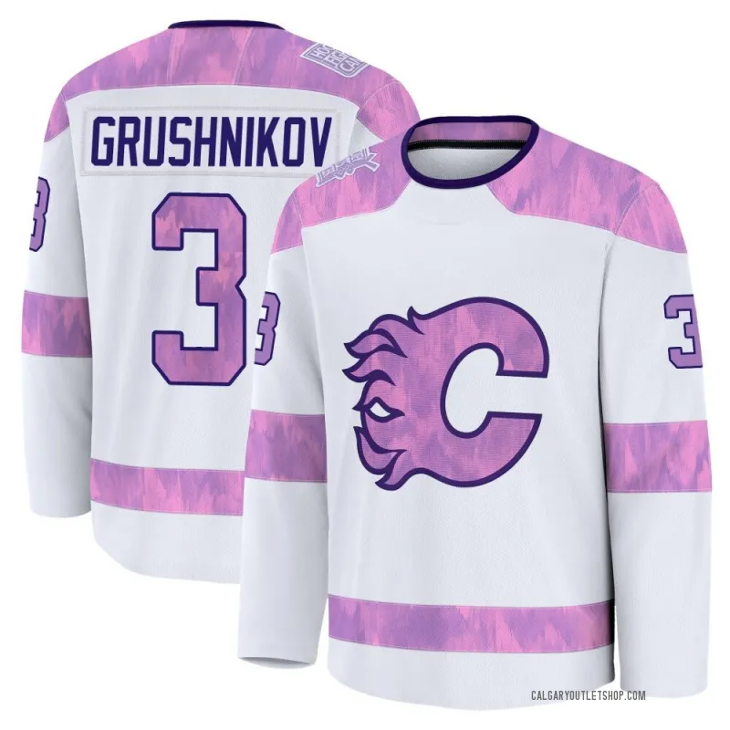 White Youth Artem Grushnikov Premium Calgary Flames 2024 Hockey Fights Cancer Practice Jersey