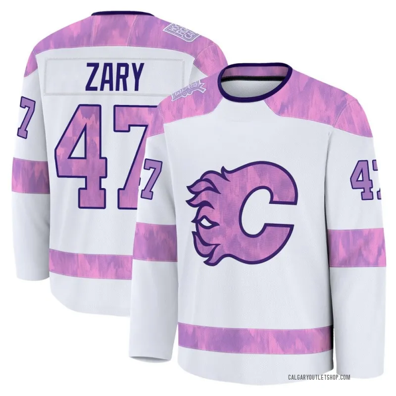 White Youth Connor Zary Premium Calgary Flames 2024 Hockey Fights Cancer Practice Jersey