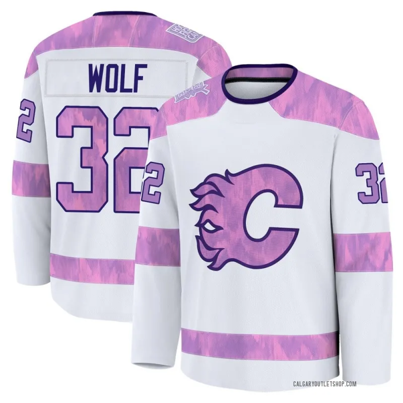 White Youth Dustin Wolf Premium Calgary Flames 2024 Hockey Fights Cancer Practice Jersey