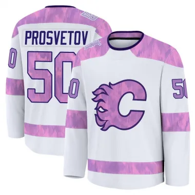 White Youth Ivan Prosvetov Premium Calgary Flames 2024 Hockey Fights Cancer Practice Jersey