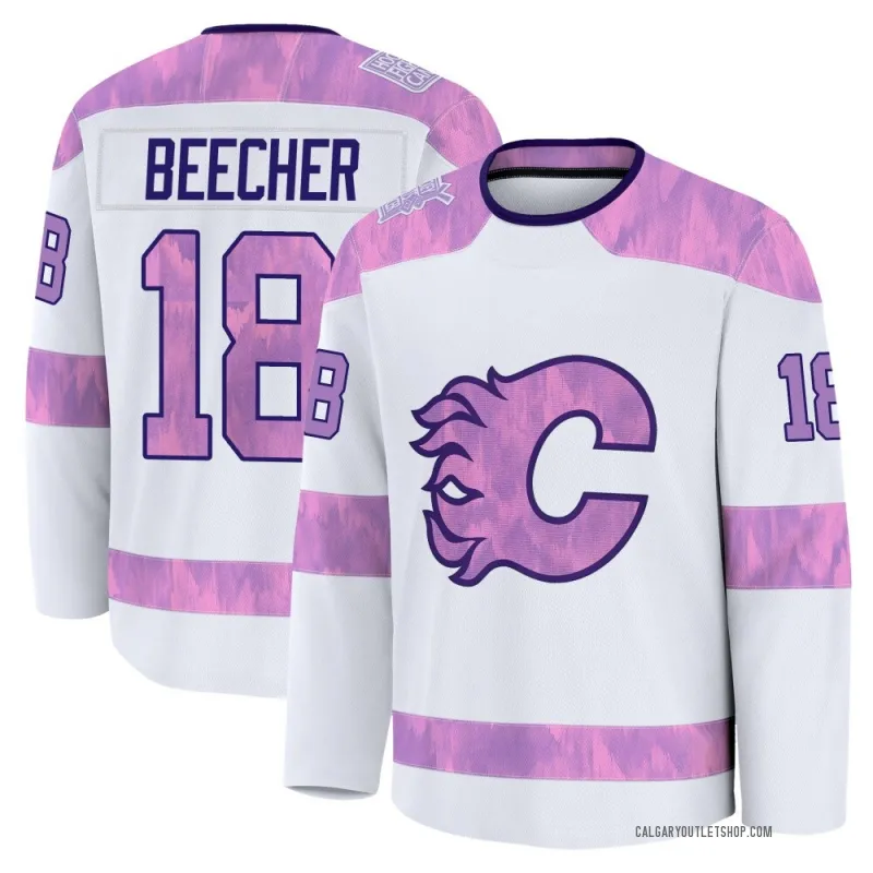 White Youth John Beecher Premium Calgary Flames 2024 Hockey Fights Cancer Practice Jersey