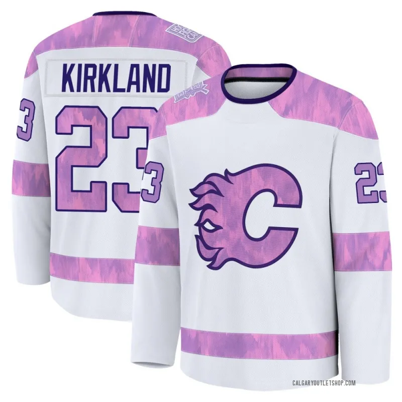 White Youth Justin Kirkland Premium Calgary Flames 2024 Hockey Fights Cancer Practice Jersey