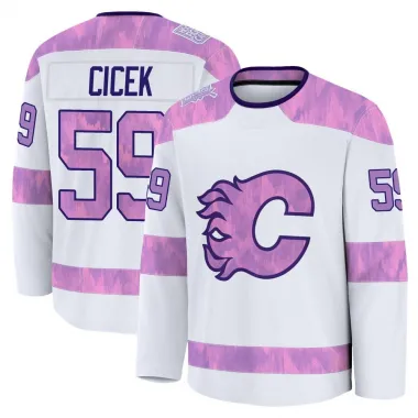 White Youth Nick Cicek Premium Calgary Flames 2024 Hockey Fights Cancer Practice Jersey