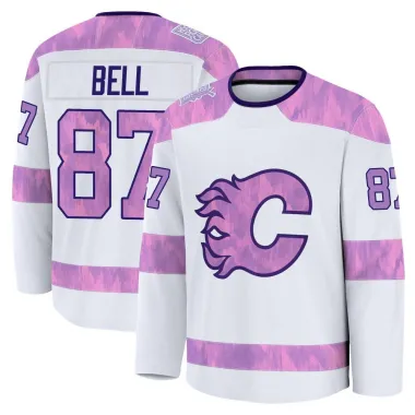 White Youth Parker Bell Premium Calgary Flames 2024 Hockey Fights Cancer Practice Jersey
