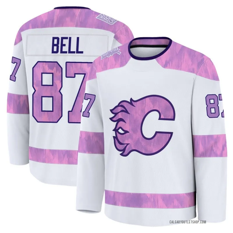 White Youth Parker Bell Premium Calgary Flames 2024 Hockey Fights Cancer Practice Jersey
