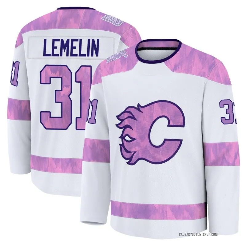 White Youth Rejean Lemelin Premium Calgary Flames 2024 Hockey Fights Cancer Practice Jersey