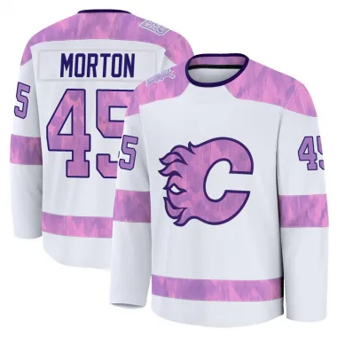 White Youth Sam Morton Premium Calgary Flames 2024 Hockey Fights Cancer Practice Jersey