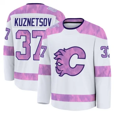 White Youth Yan Kuznetsov Premium Calgary Flames 2024 Hockey Fights Cancer Practice Jersey