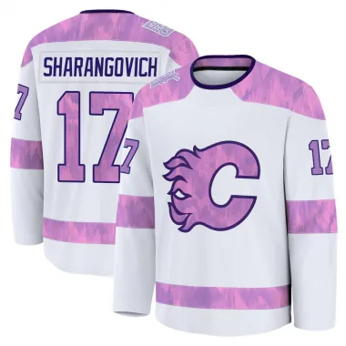 White Youth Yegor Sharangovich Premium Calgary Flames 2024 Hockey Fights Cancer Practice Jersey